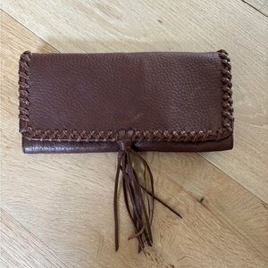 Banana Republic Leather Clutch Wallet Handbag Purse Tassel Boho Brown Button